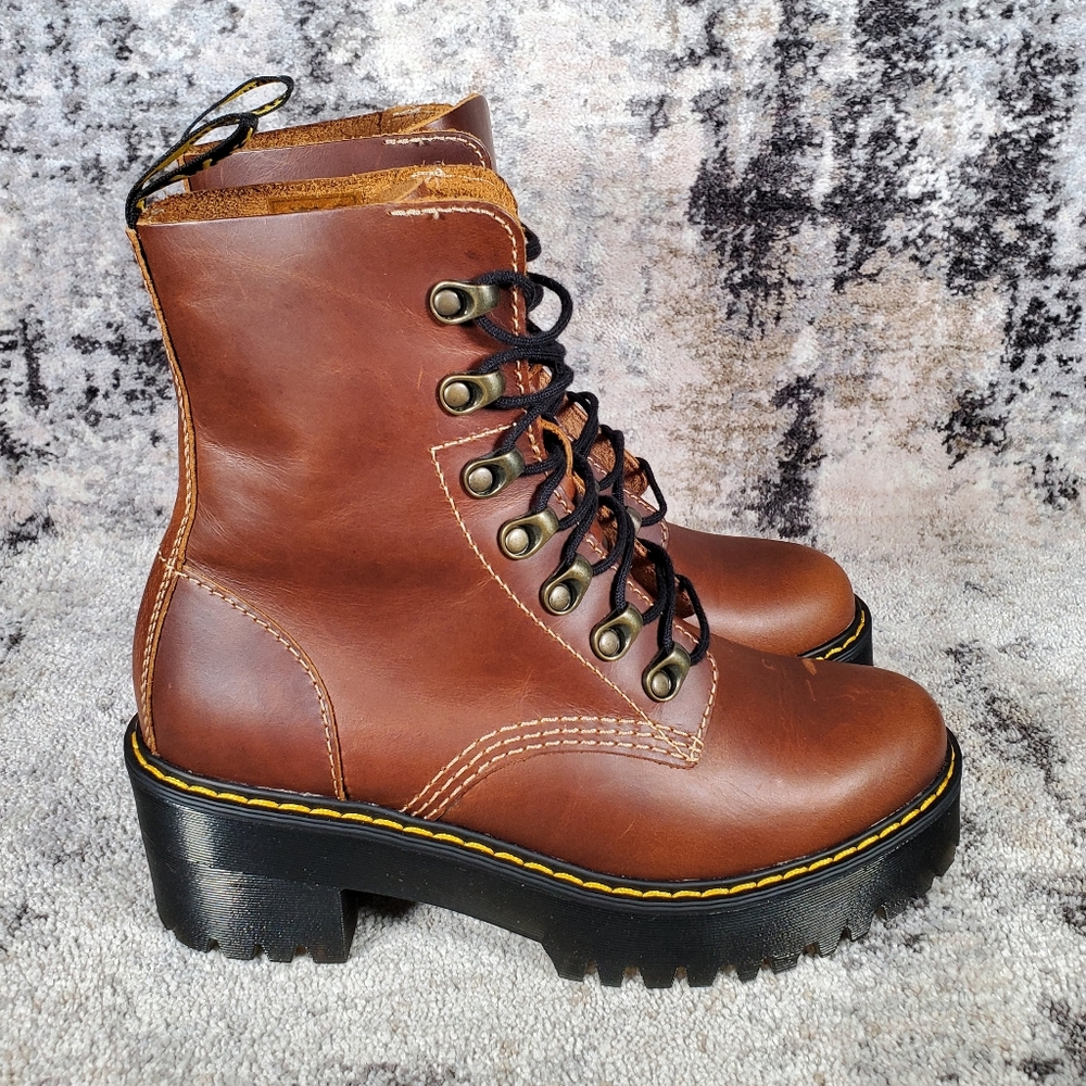 Dr. Martens Women's Leona Tan Farrier Leather Heeled Boots Size 6